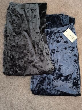 (2 Pairs) a. new day Crushed Velvet Wide Leg Pants - Navy & Charcoal (M)